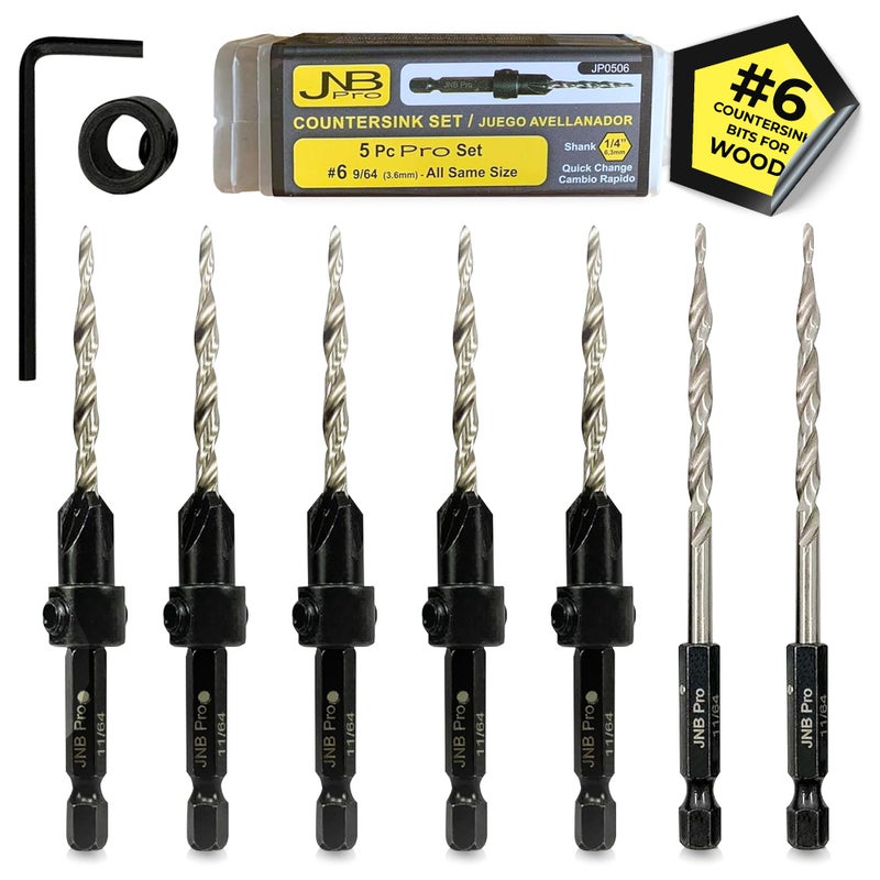 JNB Pro Wood Countersink Drill Bit Set 5pc #6 (9/64"") 4 Flute M2 HSS Drill Bits1/4 Hex Quick Change  Stop Collar Set Brocas para Madera Counter Sink Drill Bit for Wood Working with 2 Free Tapered Bits - Image 1